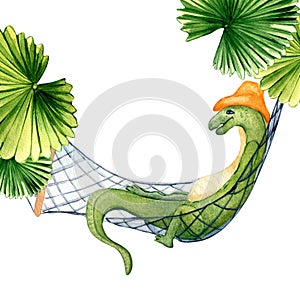 Cartoon lizard in a hat watercolor illustration isolated on white.