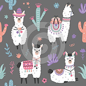 Cartoon Llama Alpaca Seamless Pattern photo