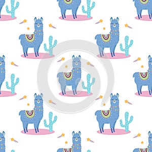 cartoon llama character seamless pattern