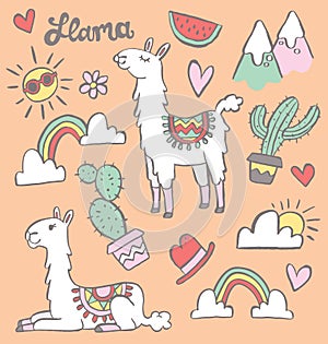 Cartoon llama set with other elements