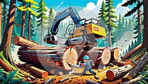 cartoon loader logging truck forest cutting log forestry firewood