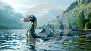 Cartoon Loch Ness monster swimming on a lake. AI generated.