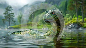 Cartoon Loch Ness monster swimming on a lake. AI generated.