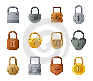 Cartoon lock. Golden and silver metal vintage or modern padlock. Data encryption and safety concept. Isolated iron