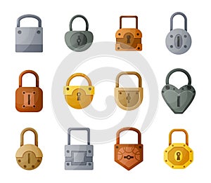 Cartoon lock. Golden and silver metal vintage or modern padlock. Data encryption and safety concept. Isolated iron interlock