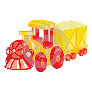 Cartoon locomotive on white background. A toy steam train for children. Colorful vector illustration for kids.