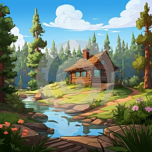 Cartoon Log Cabin In A Serene Forest Oasis