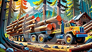 cartoon logging trailer yellow toy truck truck forest log hauling