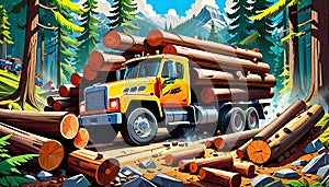 cartoon logging truck forest cutting hauling mountain wood forestry