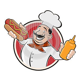 Cartoon logo of a chef serving a hot dog