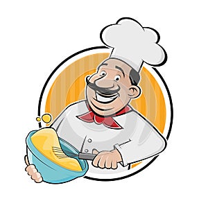 Cartoon logo of a happy chef preparing meal with bowl and whisk