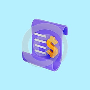 Cartoon look dollar invoice icon 3d render concept for Bill or statement