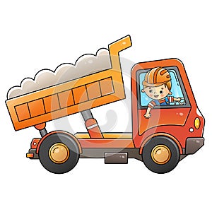 Cartoon lorry or dump truck with worker. Construction vehicles. Colorful vector illustration for children