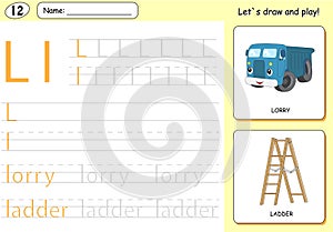 Cartoon lorry and ladder. Alphabet tracing worksheet