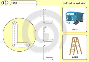 Cartoon lorry and ladder. Alphabet tracing worksheet