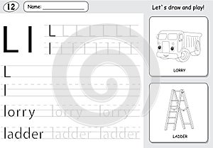 Cartoon lorry and ladder. Alphabet tracing worksheet: writing A-Z and educational game for kids