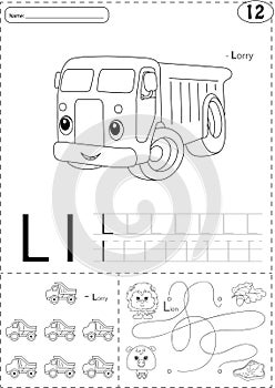 Cartoon lorry and lion. Alphabet tracing worksheet: writing A-Z