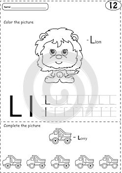 Cartoon lorry and lion. Alphabet tracing worksheet: writing A-Z