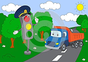 Cartoon lorry and traffic lights