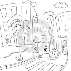 Cartoon lorry and traffic lights. Coloring book for kids