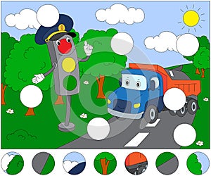 Cartoon lorry and traffic lights. Complete the puzzle and find t