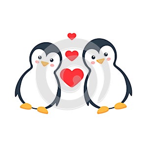 Cartoon lovely penguins character. Cute penguin love family with hearts vector