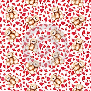 Cartoon lovely Teddy Bear heart Saint Valentine`s day seamless pattern