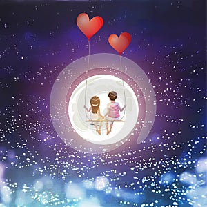 Cartoon lover couple is sitting on red heart balloon swing, being on full moon sky background, Happy Valentines Day concept, Vecto