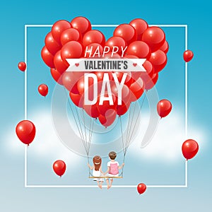 Cartoon lover couple on swing with group of red heart balloons in blue sky and text, Happy Valentineâ€™s Day, vector illustration