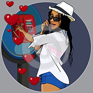 Cartoon loving cheerful woman calling from payphone