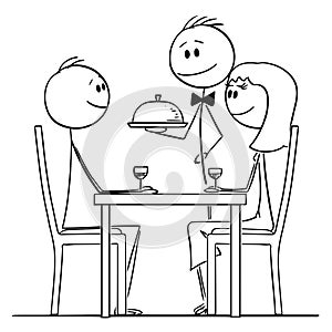 Cartoon of Loving Couple of Man and Woman Sitting Behind Table in Restaurant While Waiter Serving Food