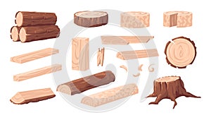 Cartoon lumber. Wood materials. Forest tree trunk and log. Branches with bark. Wooden plank and stump. Oak or pine