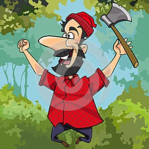 Cartoon lumberjack with axe joyously jumping in the forest photo