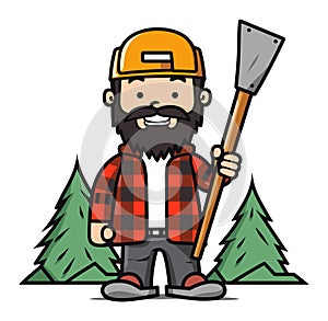 Cartoon lumberjack with beard and helmet holding an axe. Male in plaid shirt and jeans, forest background vector