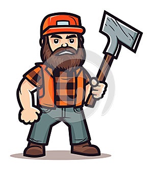 Cartoon lumberjack with beard, orange hat, holding an axe, standing confidently. Woodcutter in plaid shirt depicting