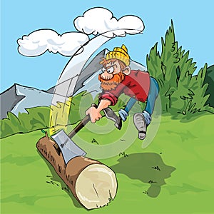 Cartoon lumberjack chopping a huge log