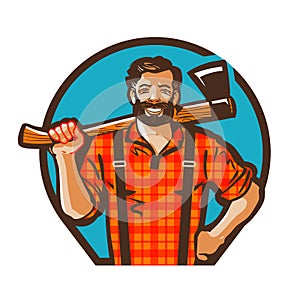 Cartoon lumberjack holding axe. Vector illustration