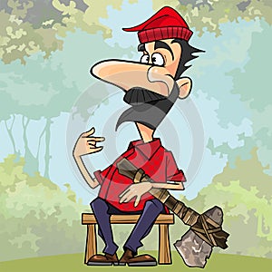 Cartoon lumberjack with a stone axe sitting on a bench in the woods