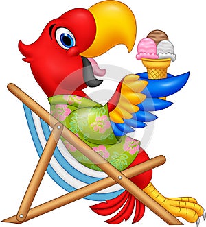 Cartoon macaw sitting on beach chair and eating an ice cream