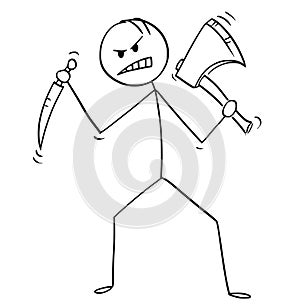 Cartoon of Mad Killer or Murderer With Axe and Knife