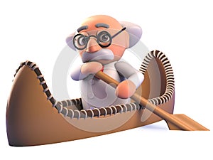 Cartoon mad scientist professor in 3d rowing a kayak canoe