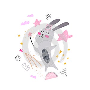 Cartoon magic bunny, stars, decor elements. Cute colorful vector illustration for kids. flat style, hand drawing.
