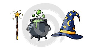 Cartoon Magic Elements: Wand, Cauldron, Wizard Hat on White Background