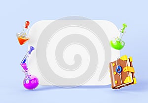 Cartoon magic poster, blank whiteboard with magician spell book and potion bottles 3d render. Witchcraft background for