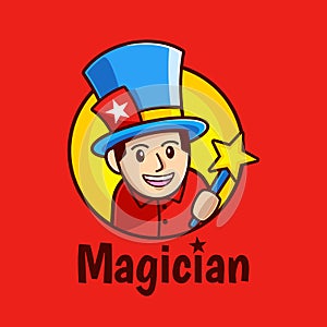 Cartoon Magician holding magic star wand logo design