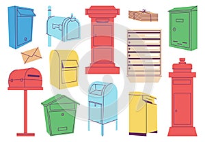 Cartoon mailboxes. Isolated mailbox, different letterboxes for letters and bills. Postal elements, envelopes pile with