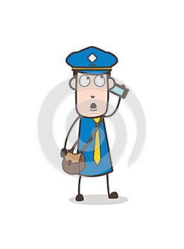 Cartoon Mailman Communicating with Client on Mobile