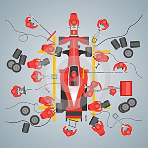 Cartoon Maintenance Racing Car Card Poster. Vector