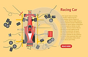 Cartoon Maintenance Racing Car Card Poster. Vector