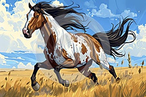 cartoon majestic horse galloping across an open field, Generative AI